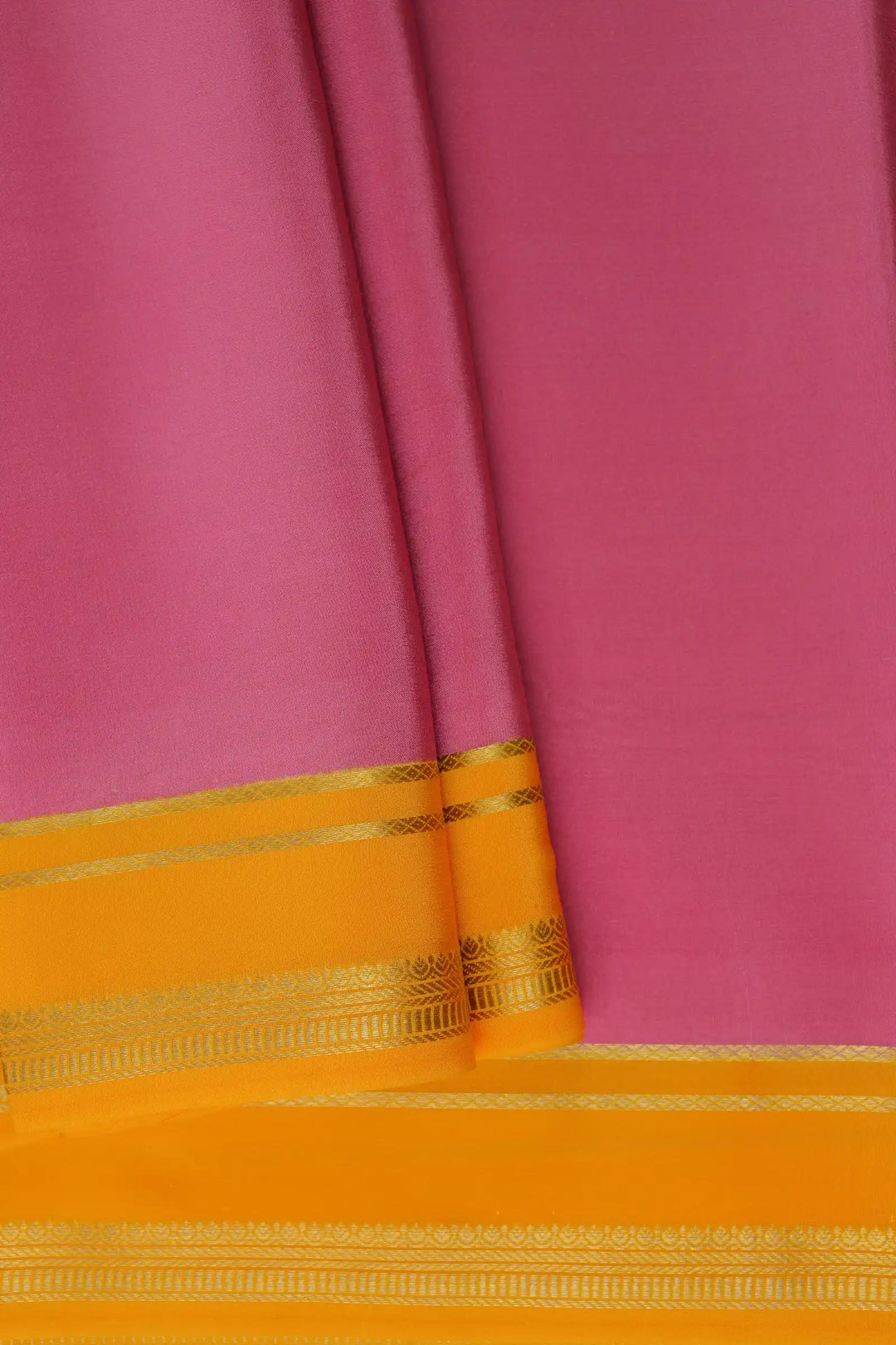 2 Line Bentex Gold Lace Border Pure Mysore Silk Saree in Pink and Yellow Color With Contrast Yellow Color Blouse