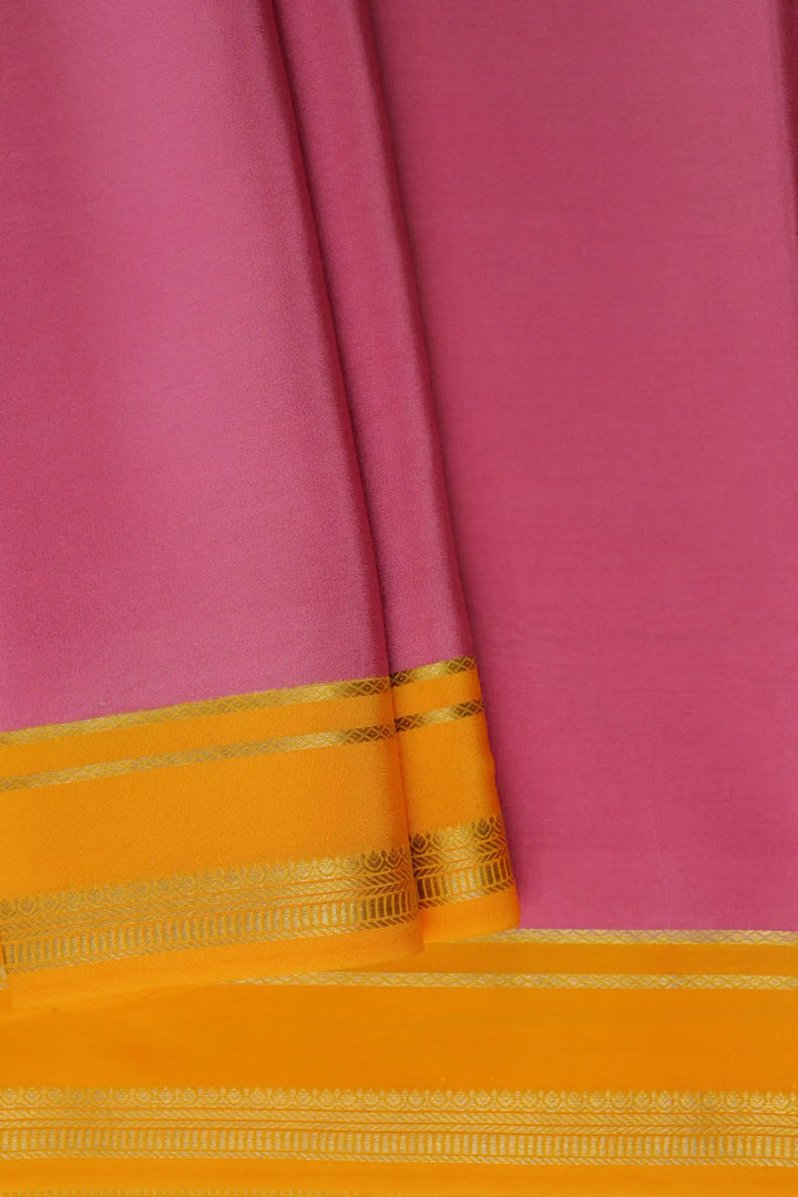2 Line Bentex Gold Lace Border Pure Mysore Silk Saree in Pink and Yellow Color With Contrast Yellow Color Blouse