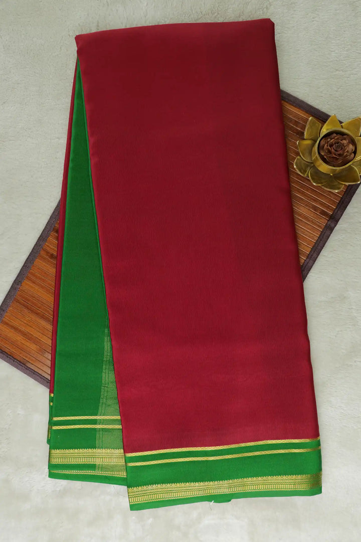 2 Line Bentex Gold Lace Border Pure Mysore Silk Saree in Red and Green Color With Contrast Green Color Blouse