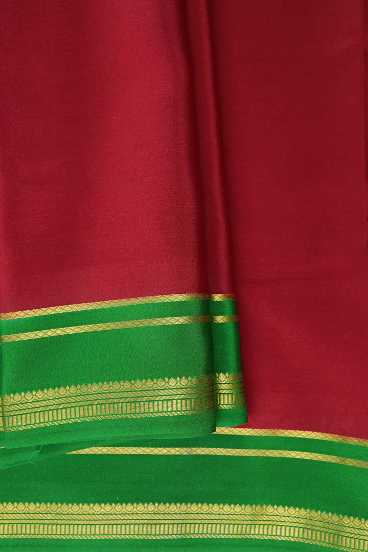 2 Line Bentex Gold Lace Border Pure Mysore Silk Saree in Red and Green Color With Contrast Green Color Blouse