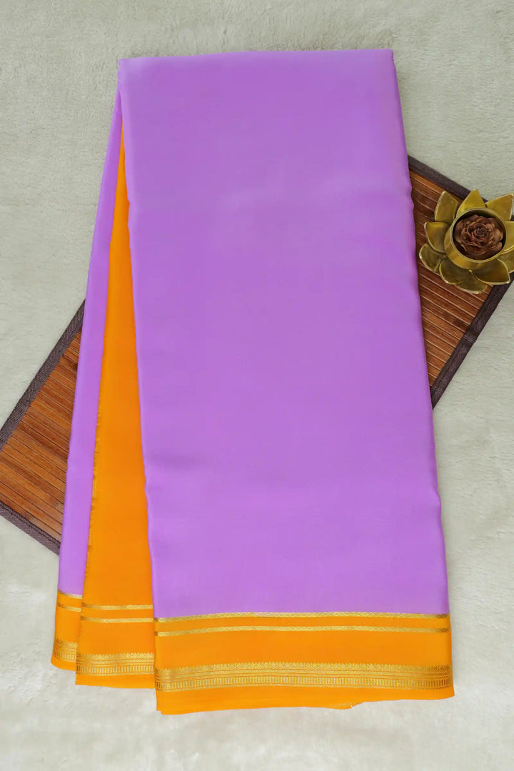 2 Line Bentex Gold Lace Border Pure Mysore Silk Saree in Purple and Yellow Color With Contrast Yellow Color Blouse