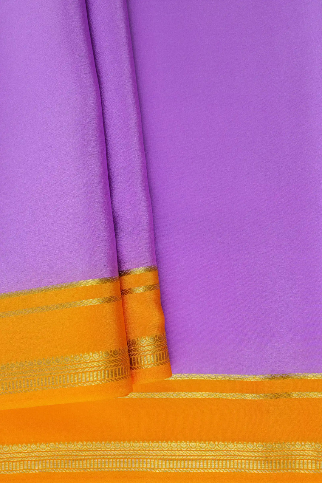 2 Line Bentex Gold Lace Border Pure Mysore Silk Saree in Purple and Yellow Color With Contrast Yellow Color Blouse