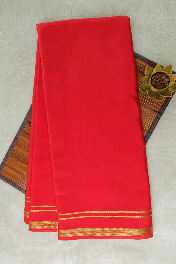 2 Line Bentex Gold Lace Border Pure Mysore Silk Saree in Red Color With Self Red Color Blouse