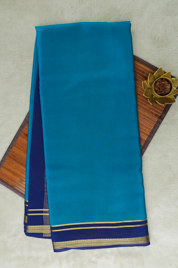 2 Line Bentex Gold Lace Border Pure Mysore Silk Saree in Blue Color With Contrast Blue Color Blouse