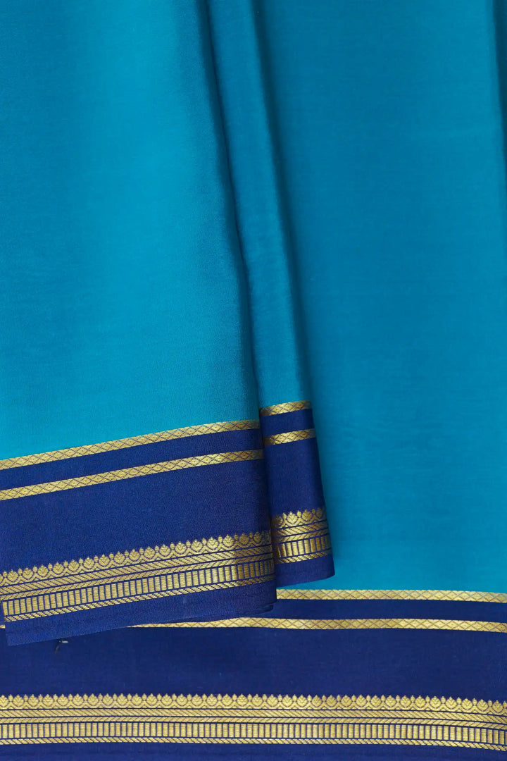 2 Line Bentex Gold Lace Border Pure Mysore Silk Saree in Blue Color With Contrast Blue Color Blouse