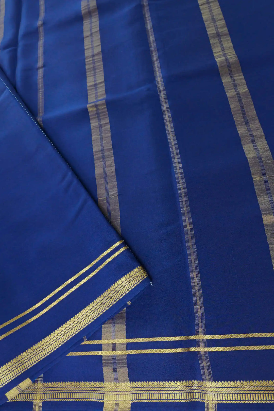 2 Line Bentex Gold Lace Border Pure Mysore Silk Saree in Blue Color With Contrast Blue Color Blouse