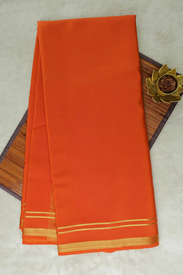 2 Line Bentex Gold Lace Border Pure Mysore Silk Saree in Orange Color With Self Orange Color Blouse