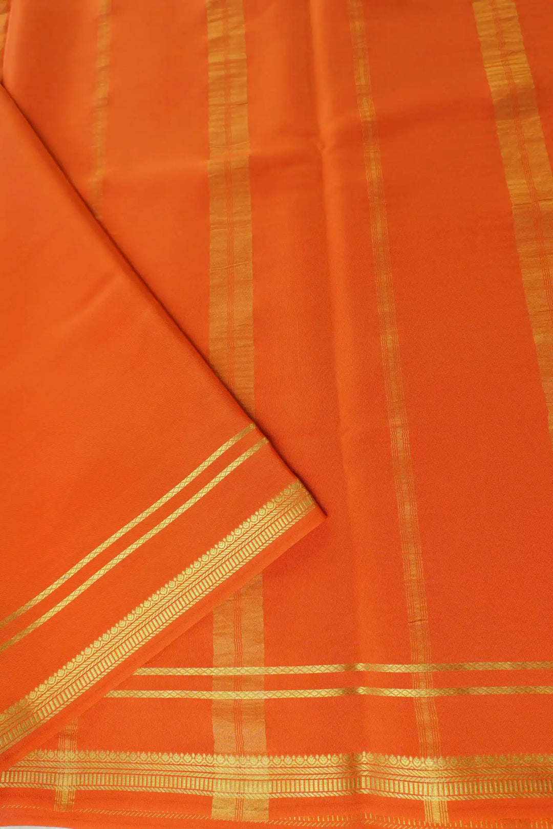 2 Line Bentex Gold Lace Border Pure Mysore Silk Saree in Orange Color With Self Orange Color Blouse
