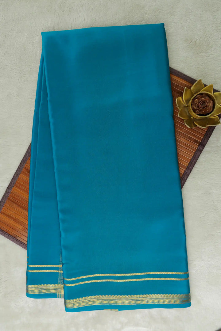 2 Line Bentex Gold Lace Border Pure Mysore Silk Saree in Blue Color With Self Blue Color Blouse