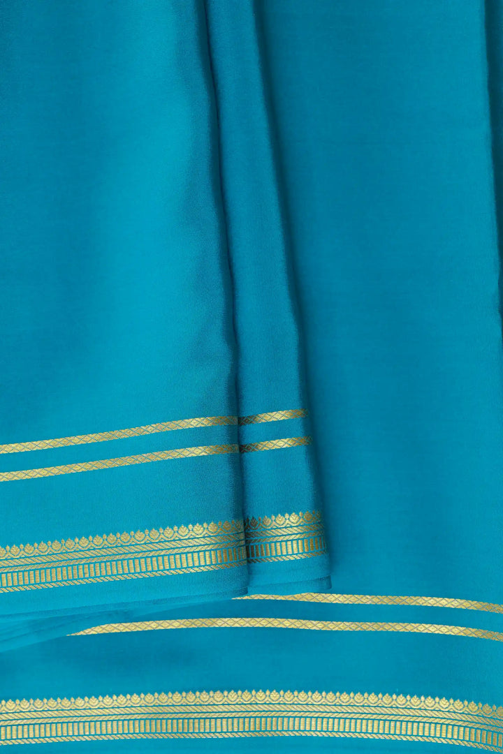 2 Line Bentex Gold Lace Border Pure Mysore Silk Saree in Blue Color With Self Blue Color Blouse