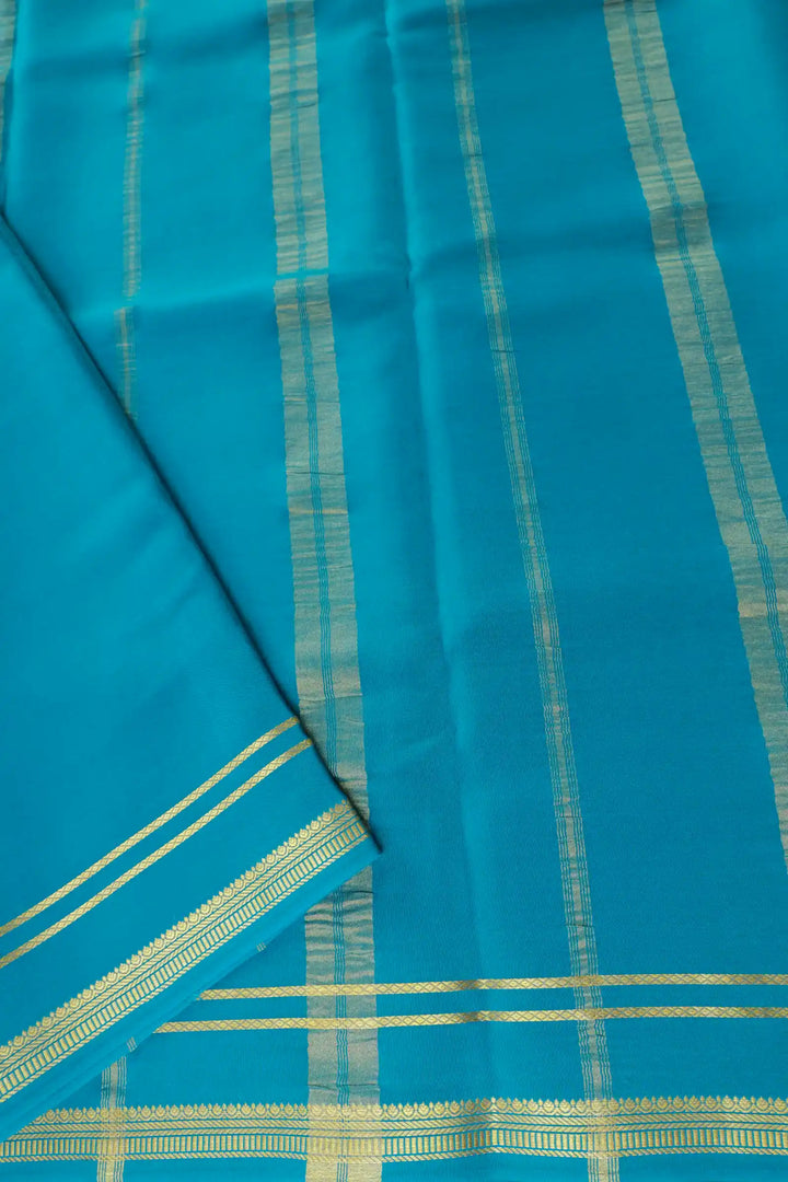 2 Line Bentex Gold Lace Border Pure Mysore Silk Saree in Blue Color With Self Blue Color Blouse