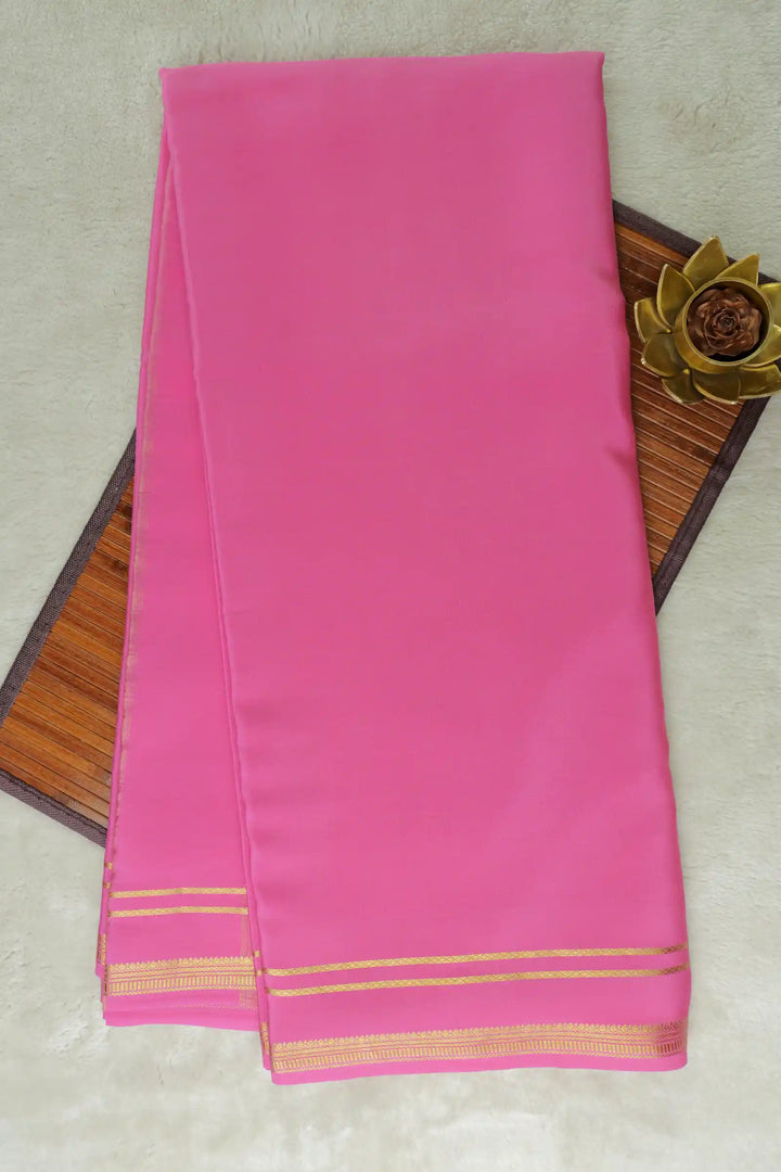 2 Line Bentex Gold Lace Border Pure Mysore Silk Saree in Pink Color With Self Pink Color Blouse | Atharva