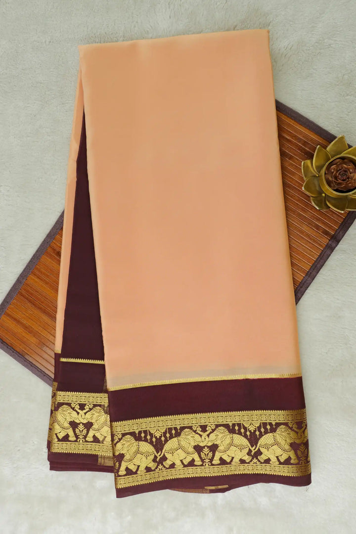 Elephant Border Pure Mysore Silk Saree in Gold and Brown Color with Contrast Brown Color