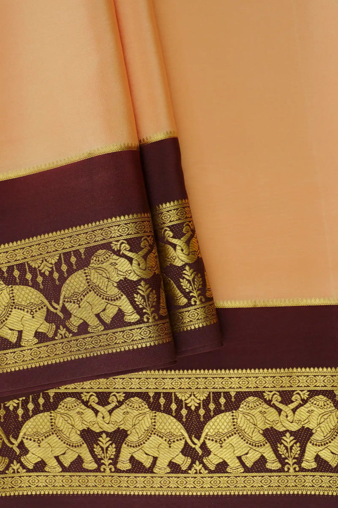 Elephant Border Pure Mysore Silk Saree in Gold and Brown Color with Contrast Brown Color