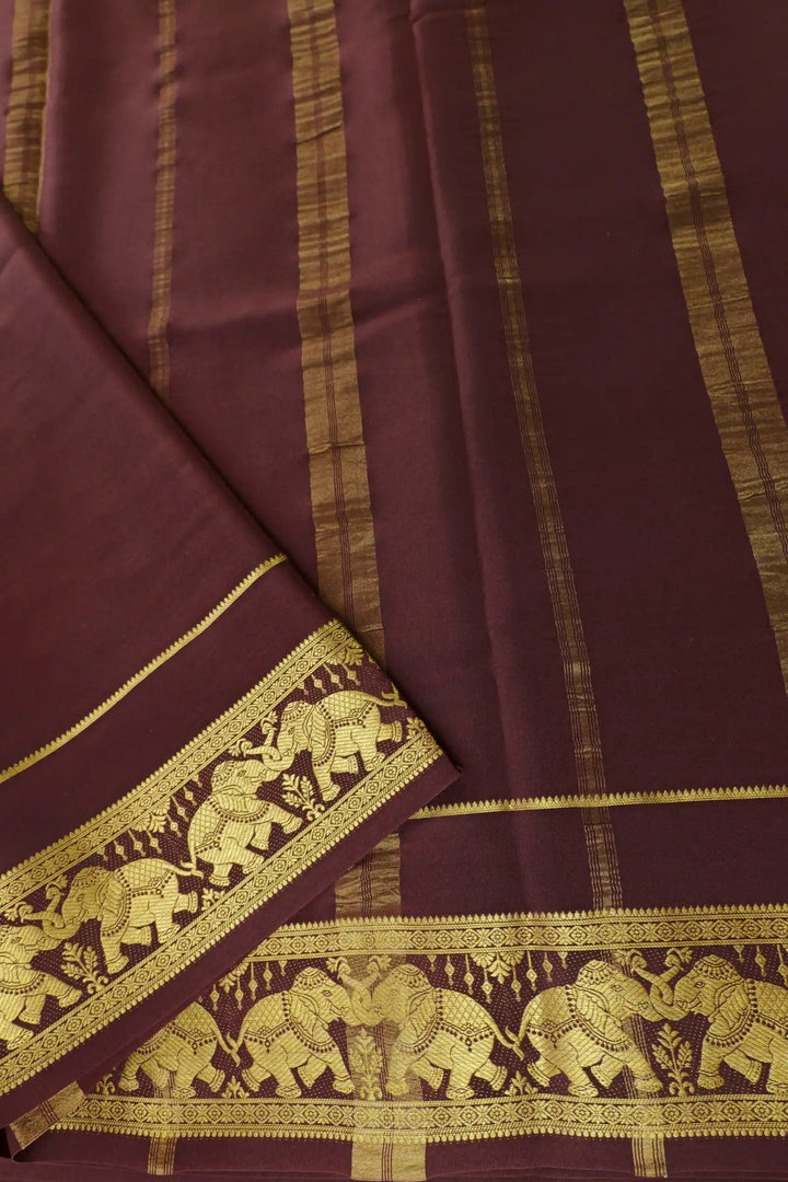 Elephant Border Pure Mysore Silk Saree in Gold and Brown Color with Contrast Brown Color