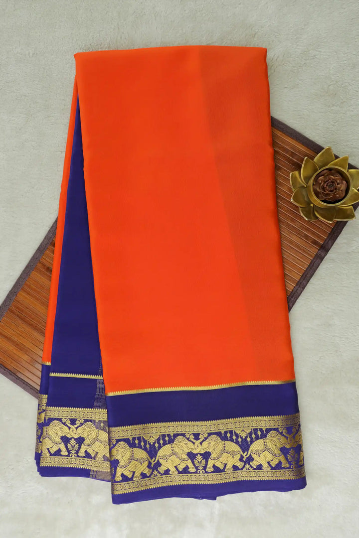 Elephant Border Pure Mysore Silk Saree in Orange and Blue Color with Contrast Blue Color Blouse