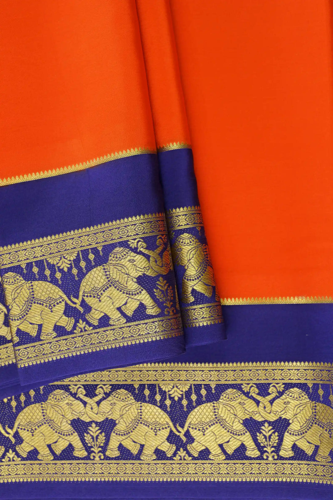 Elephant Border Pure Mysore Silk Saree in Orange and Blue Color with Contrast Blue Color Blouse