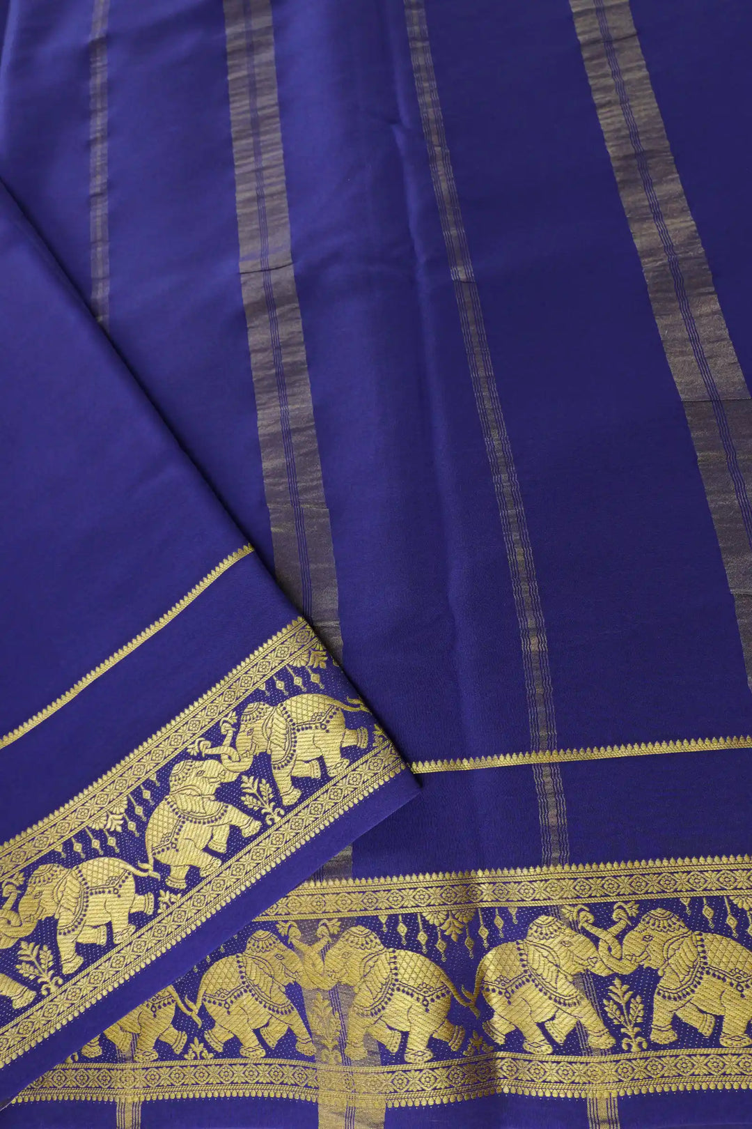Elephant Border Pure Mysore Silk Saree in Orange and Blue Color with Contrast Blue Color Blouse