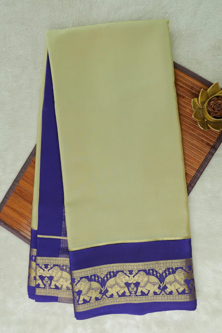 Elephant Border Pure Mysore Silk Saree in Gold and Blue Color with Contrast Blue Color Blouse