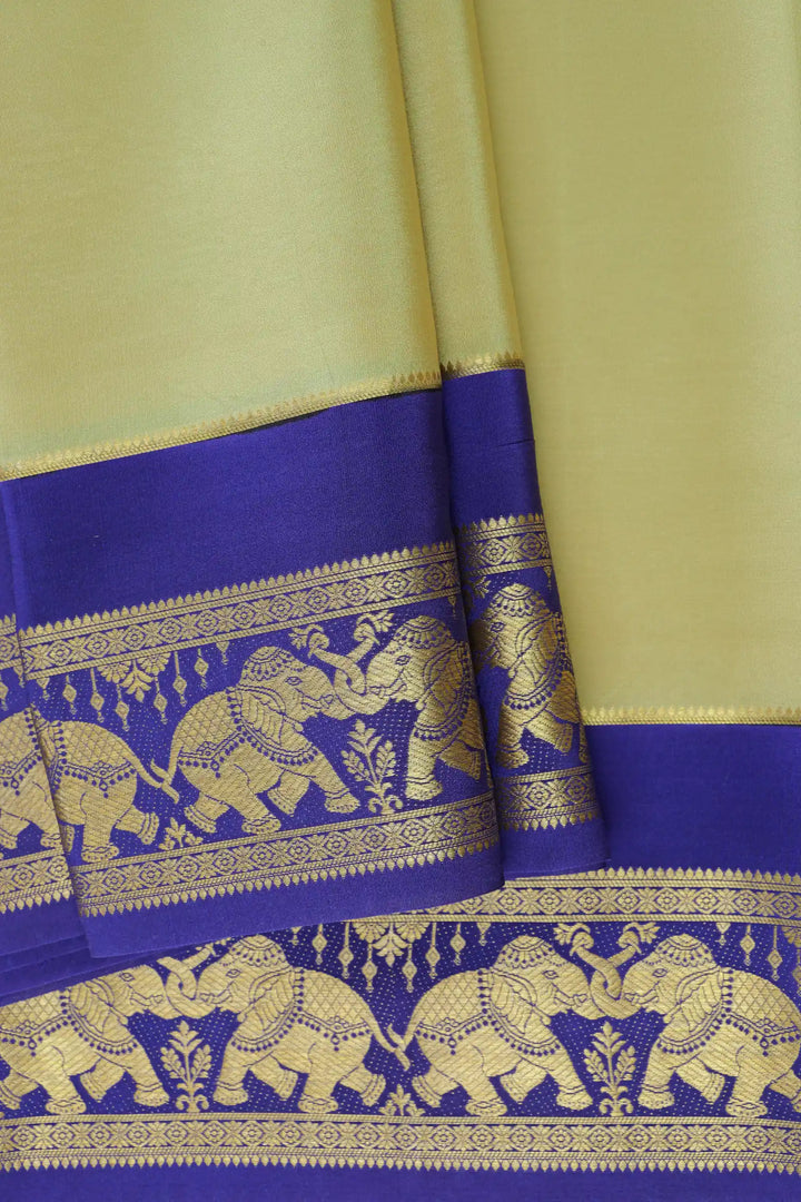 Elephant Border Pure Mysore Silk Saree in Gold and Blue Color with Contrast Blue Color Blouse