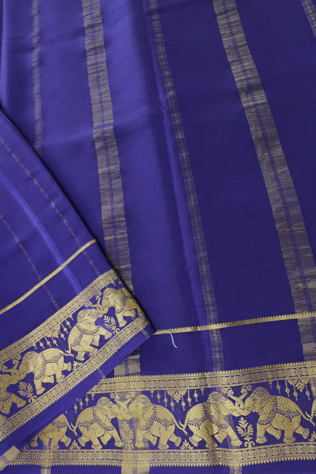 Elephant Border Pure Mysore Silk Saree in Gold and Blue Color with Contrast Blue Color Blouse