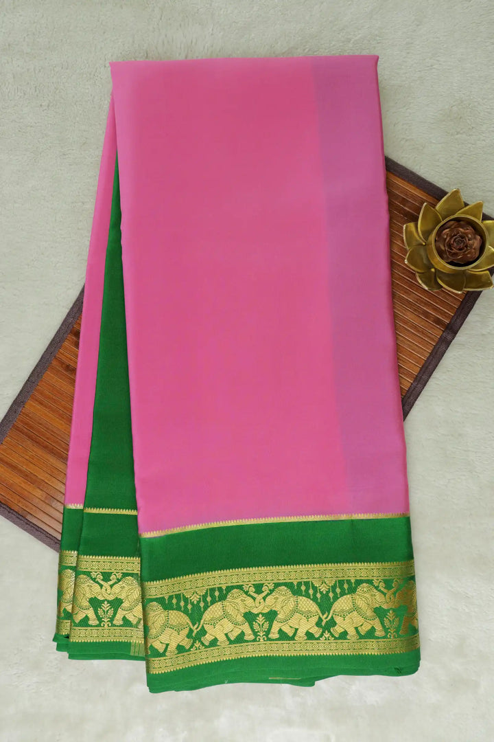 Elephant Border Pure Mysore Silk Saree in Pink and Green Color with Contrast Green Color Blouse