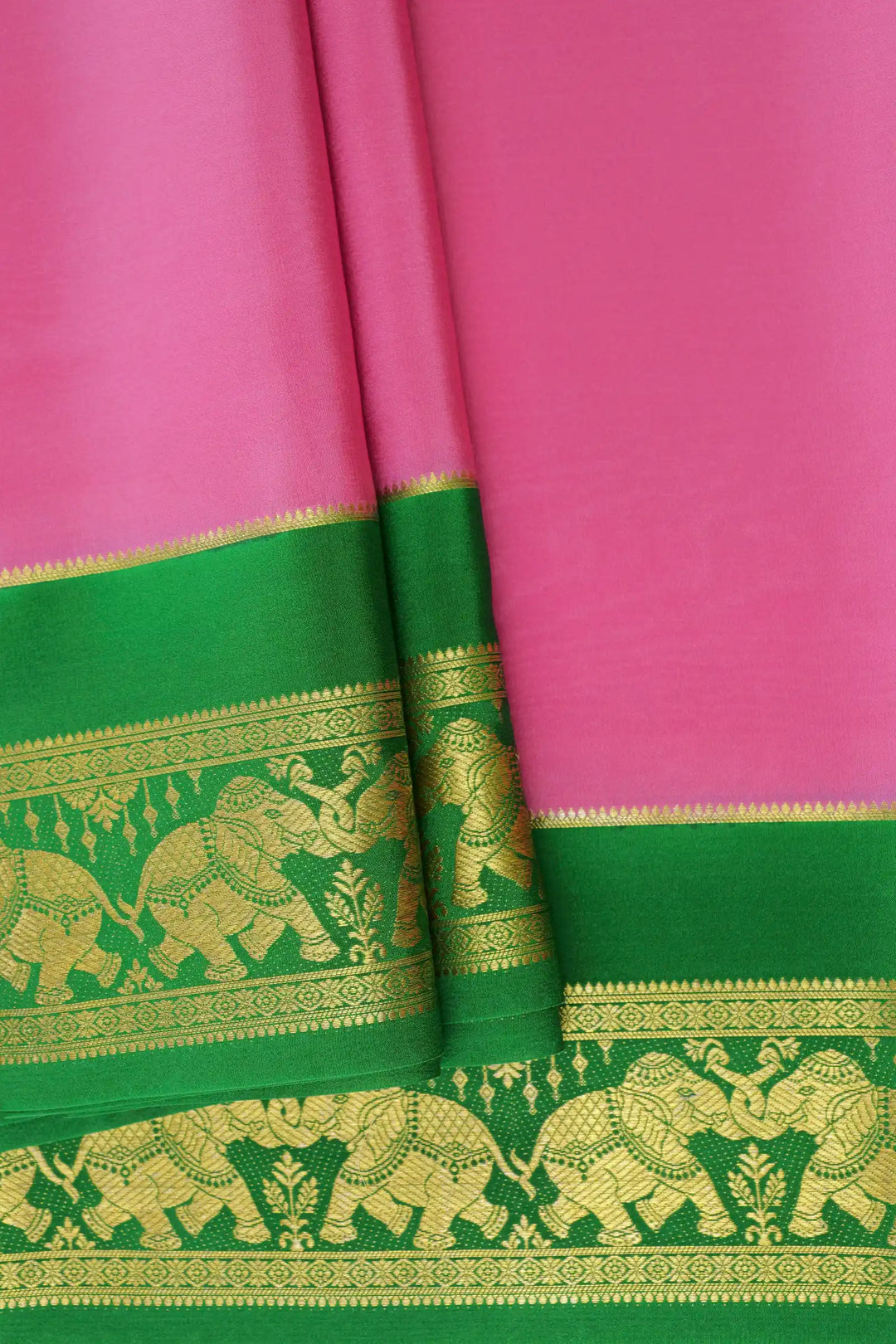 Elephant Border Pure Mysore Silk Saree in Pink and Green Color with Contrast Green Color Blouse