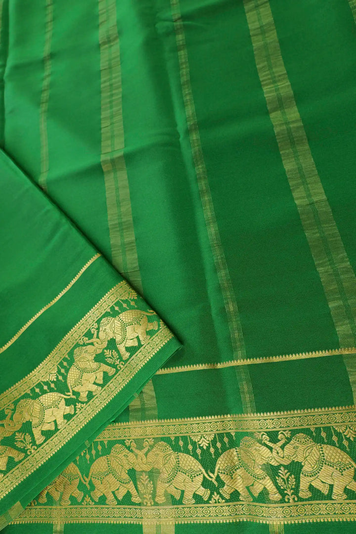 Elephant Border Pure Mysore Silk Saree in Pink and Green Color with Contrast Green Color Blouse
