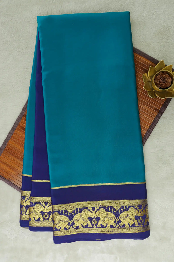 Elephant Border Pure Mysore Silk Saree in Blue Color with Contrast Blue Color Blouse