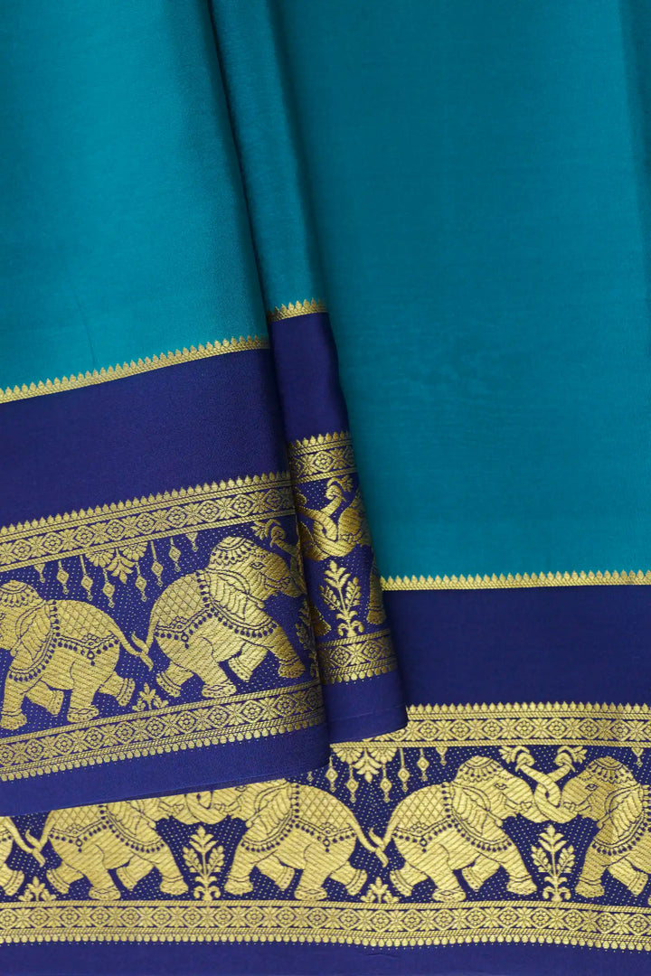 Elephant Border Pure Mysore Silk Saree in Blue Color with Contrast Blue Color Blouse