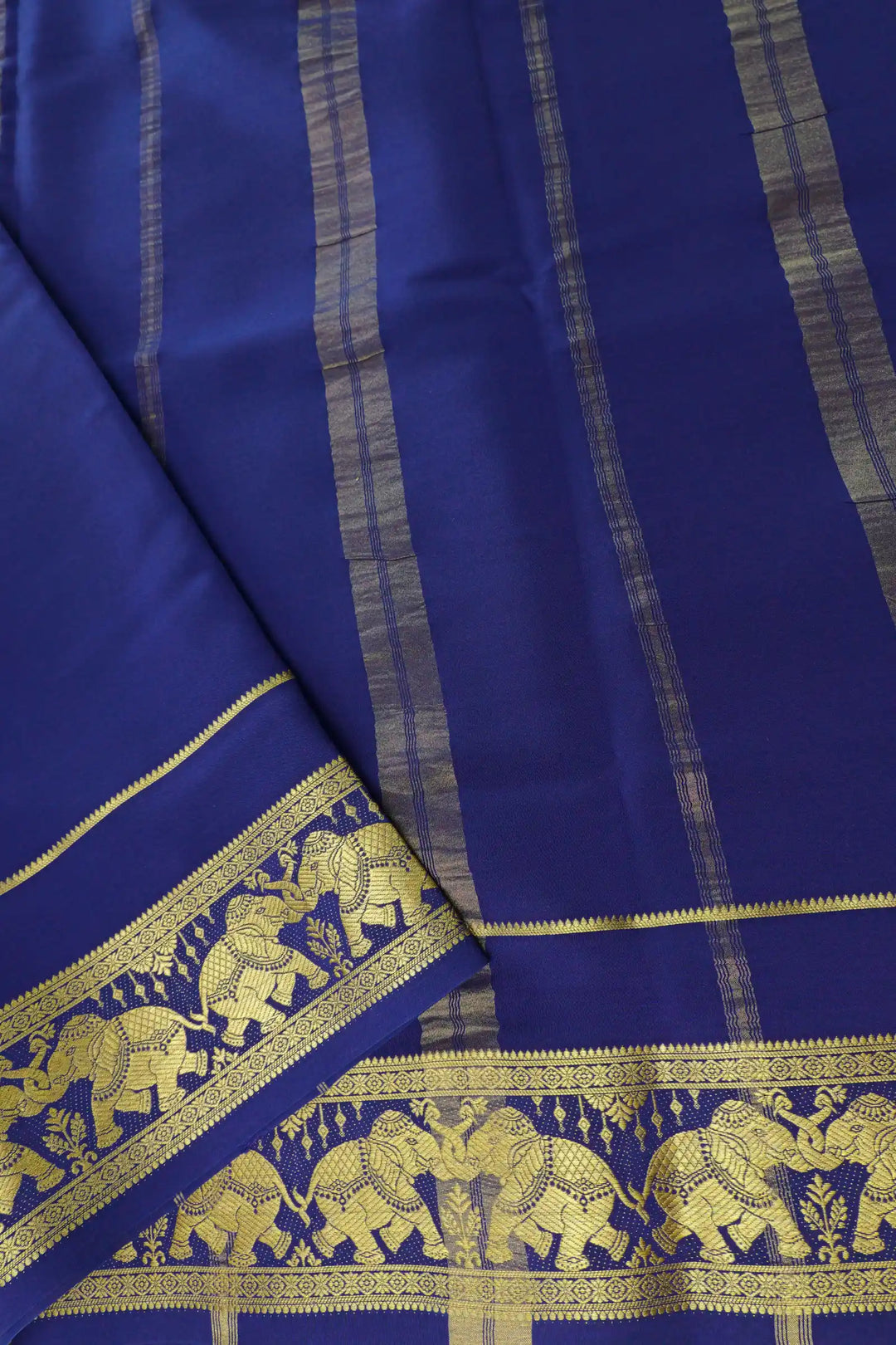Elephant Border Pure Mysore Silk Saree in Blue Color with Contrast Blue Color Blouse