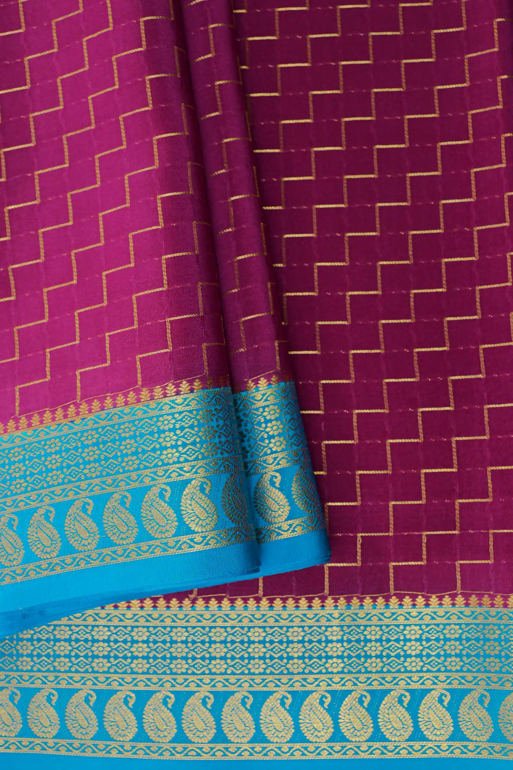 Purple Gold Zari Mysore Silk Saree with blue and gold border