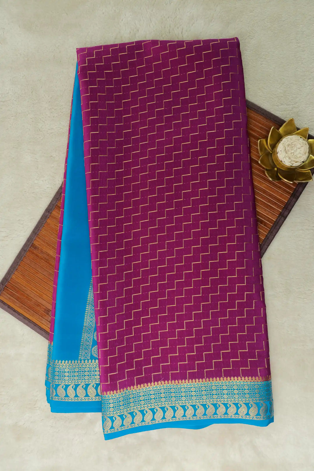 Purple Gold Zari Mysore Silk Saree with blue border