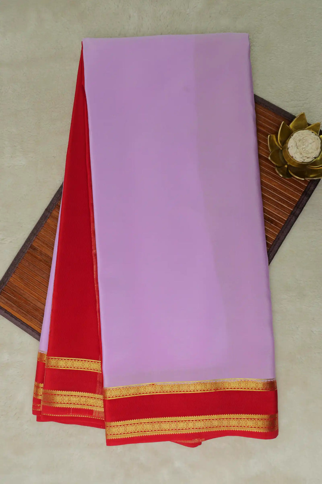 Purple Mysore Silk Saree with Red Border and Gold Lace