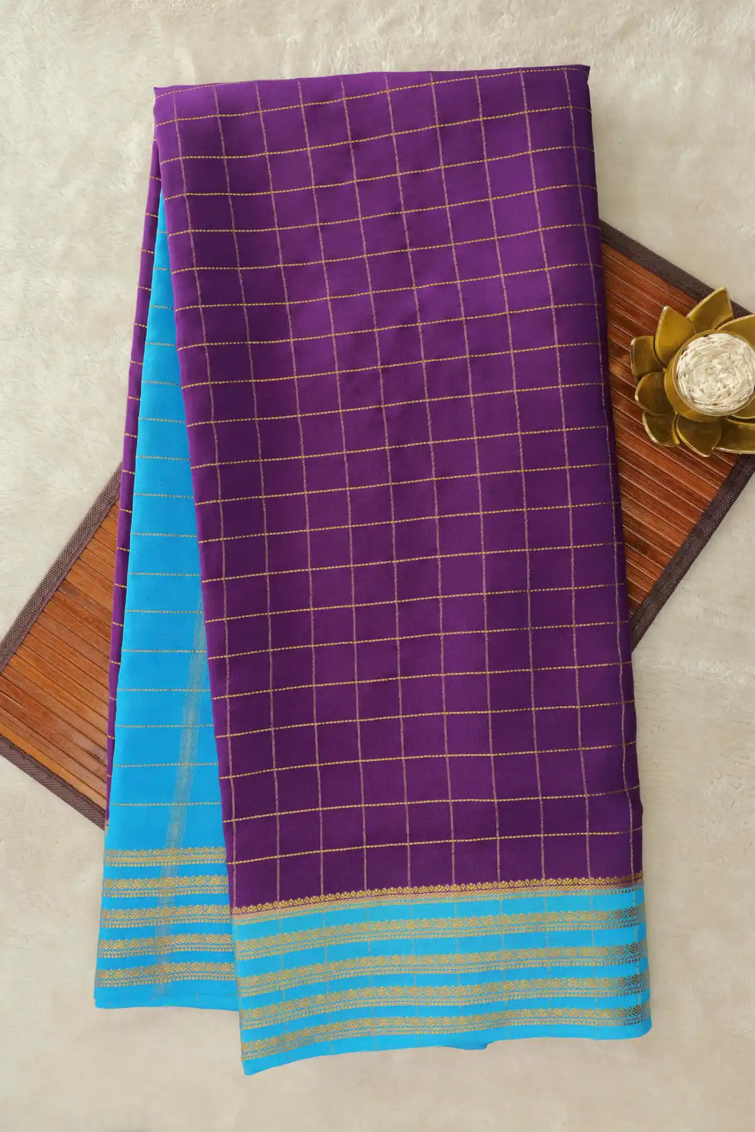 Purple Mysore silk saree with blue border