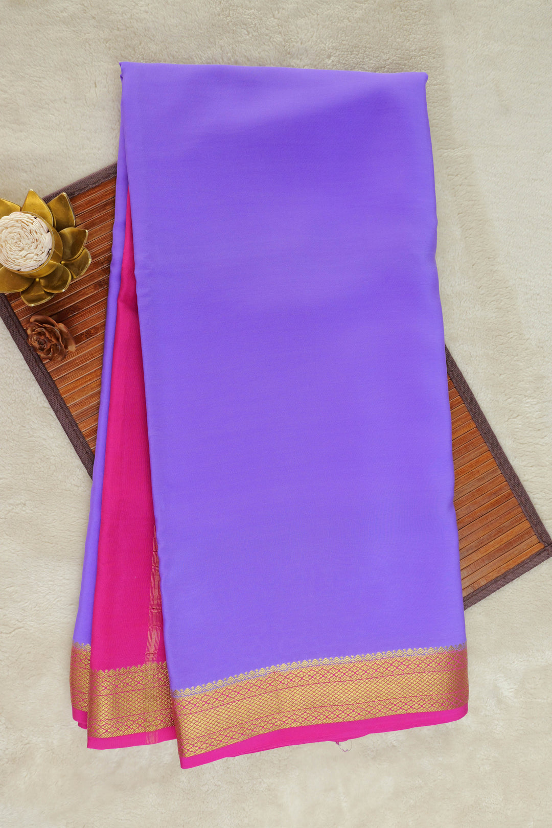 Purple Mysore silk saree with contrasting pink pallu and gold zari border