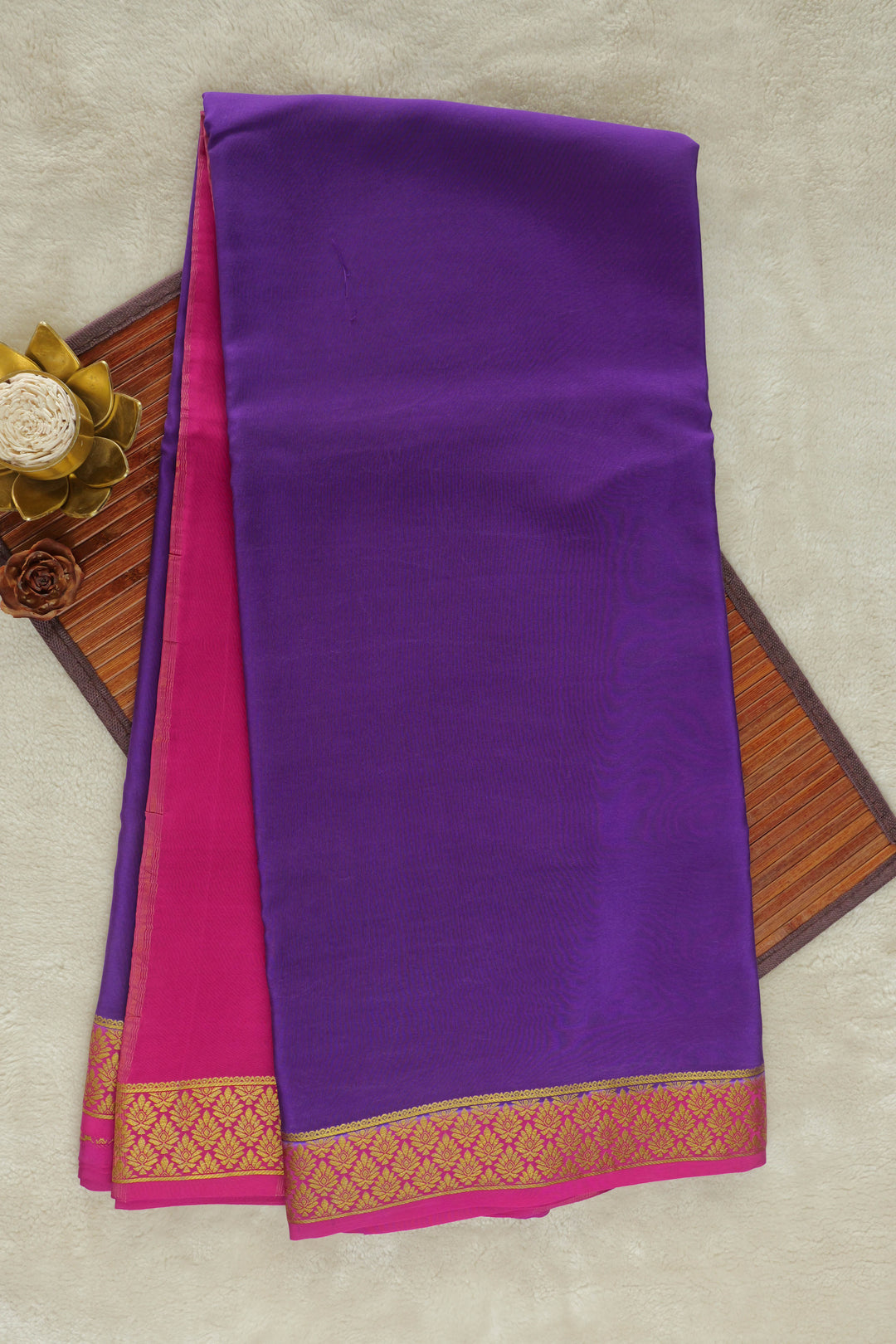 Purple Mysore silk saree with pink border and golden zari work