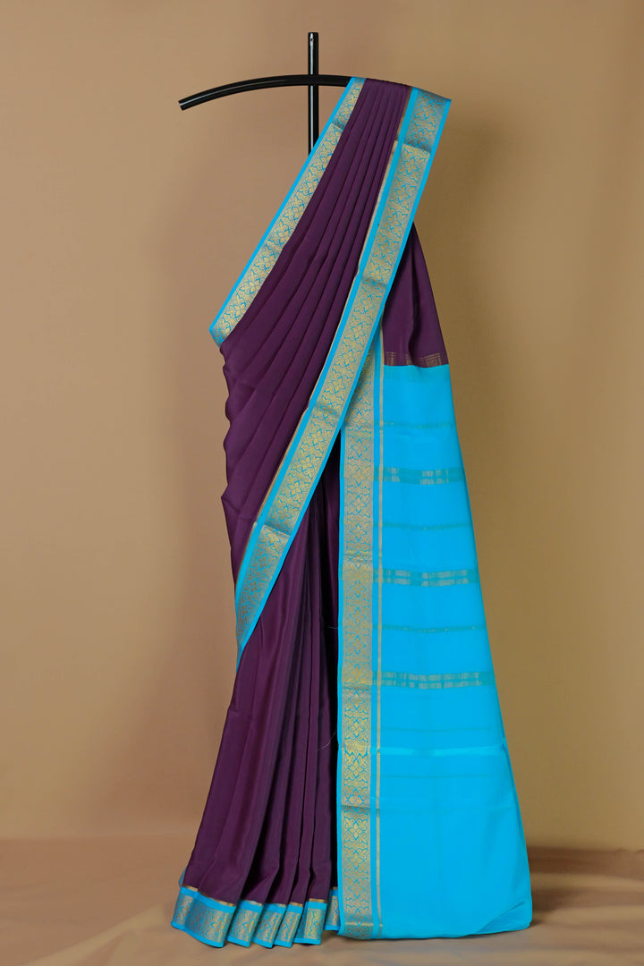 Purple and Sky Blue Pure Mysore Silk Saree