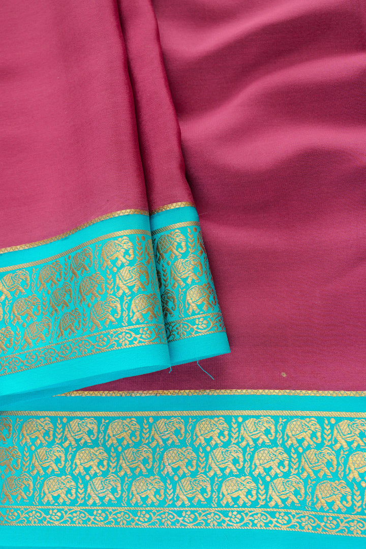 Purple and turquoise Mysore silk saree with golden woven border