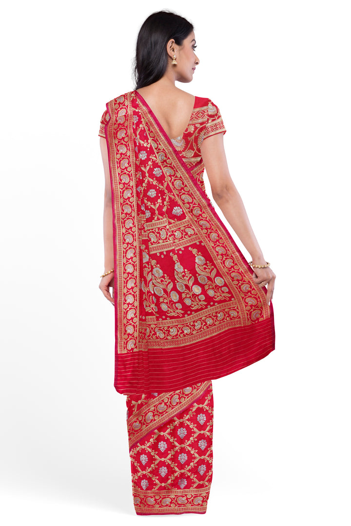 CHERRY RED BANARASI BLENDED KATAN SILK WITH JAAL WORK HANDLOOM SAREE - ATHARVA