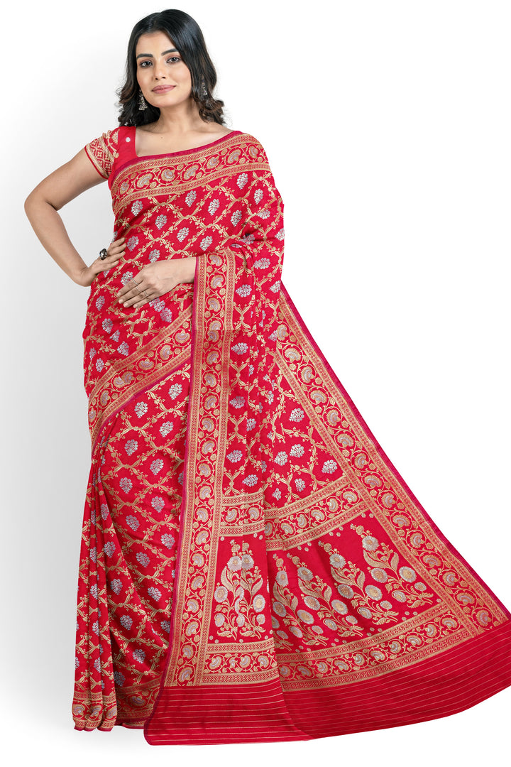 CHERRY RED BANARASI BLENDED KATAN SILK WITH JAAL WORK HANDLOOM SAREE