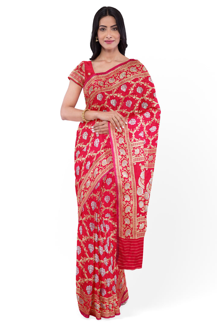 CHERRY RED BANARASI BLENDED KATAN SILK WITH JAAL WORK HANDLOOM SAREE - ATHARVA