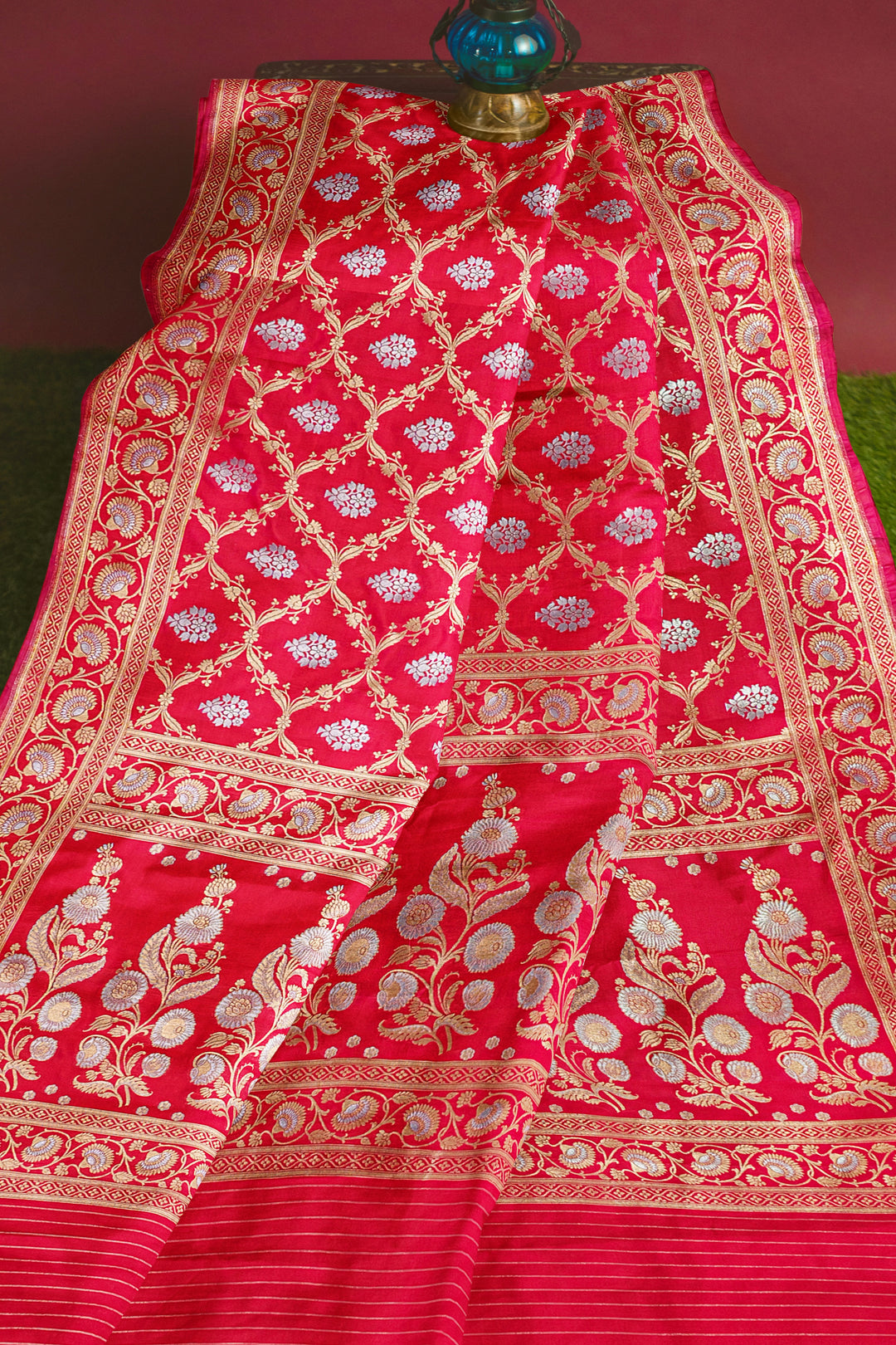 CHERRY RED BANARASI BLENDED KATAN SILK WITH JAAL WORK HANDLOOM SAREE