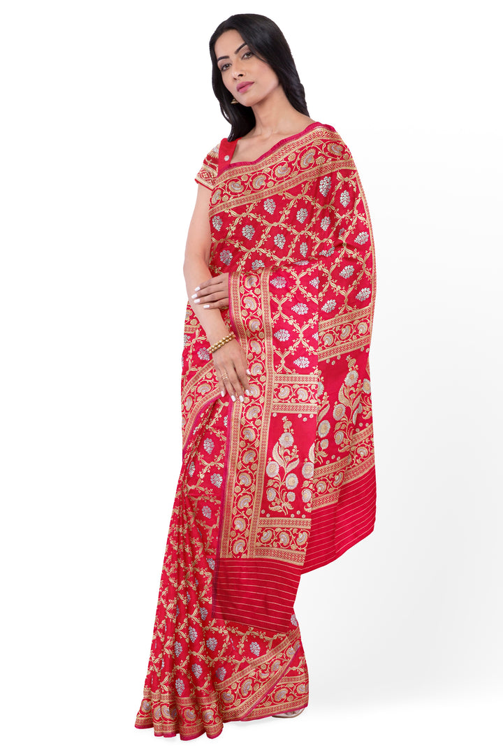 CHERRY RED BANARASI BLENDED KATAN SILK WITH JAAL WORK HANDLOOM SAREE - ATHARVA