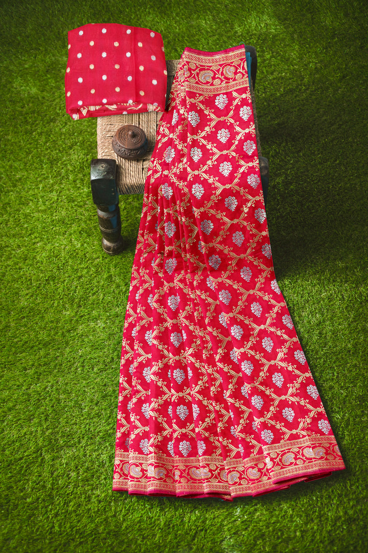 CHERRY RED BANARASI BLENDED KATAN SILK WITH JAAL WORK HANDLOOM SAREE