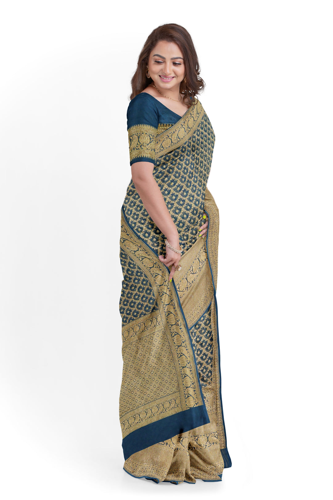 Handwoven Teal Blue Georgette Silk Khadi Saree- Self Antique zari | SILK MARK CERTIFIED