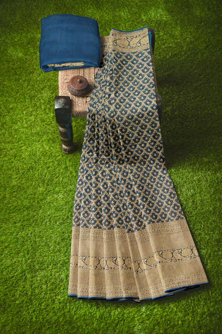 Handwoven Teal Blue Georgette Silk Khadi Saree- Self Antique zari | SILK MARK CERTIFIED