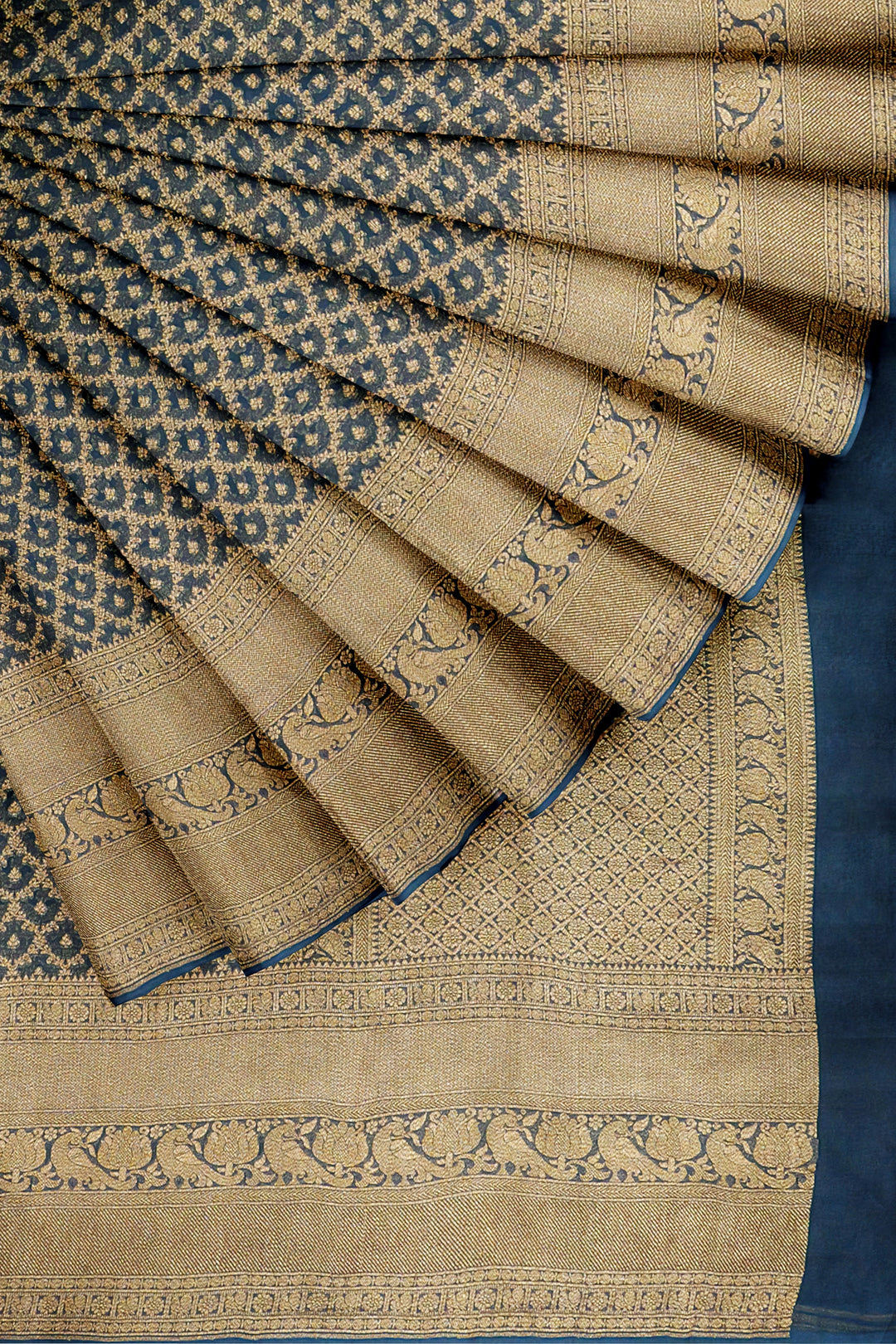 Handwoven Teal Blue Georgette Silk Khadi Saree- Self Antique zari | SILK MARK CERTIFIED