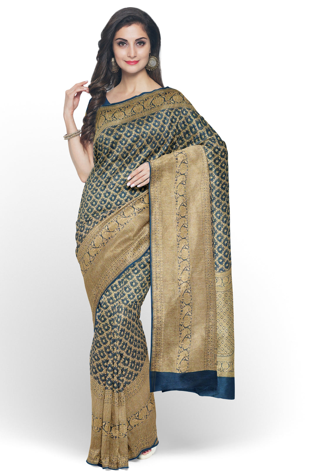 Handwoven Teal Blue Georgette Silk Khadi Saree- Self Antique zari | SILK MARK CERTIFIED