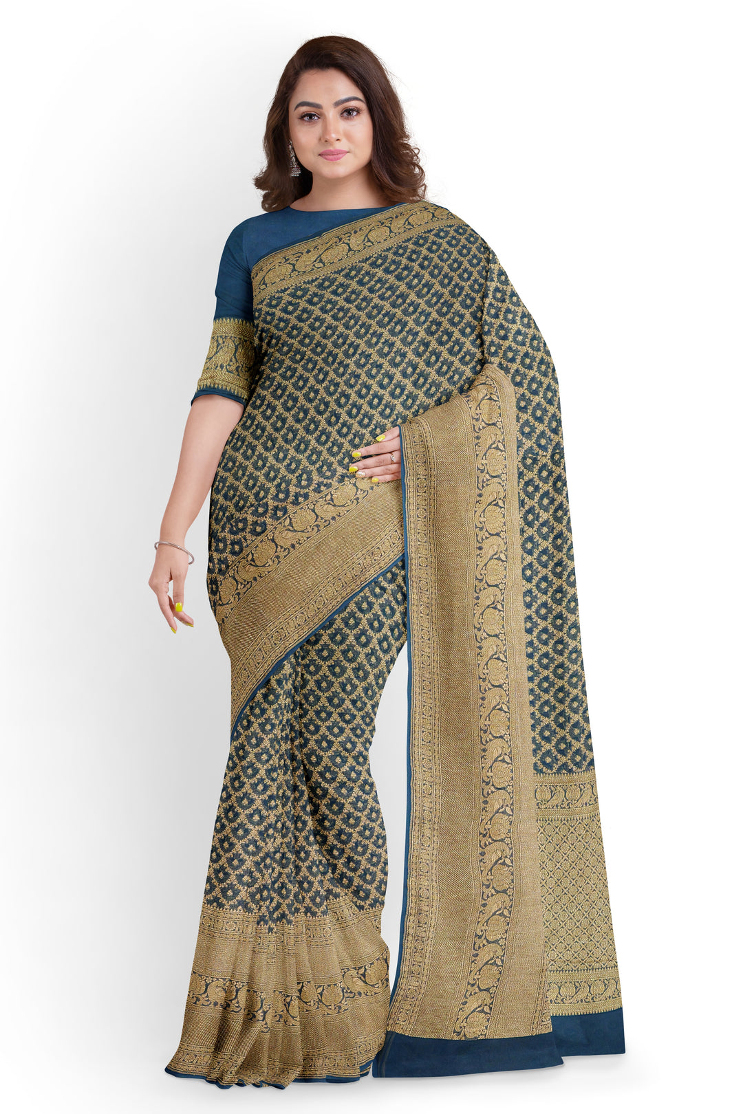 Handwoven Teal Blue Georgette Silk Khadi Saree- Self Antique zari | SILK MARK CERTIFIED